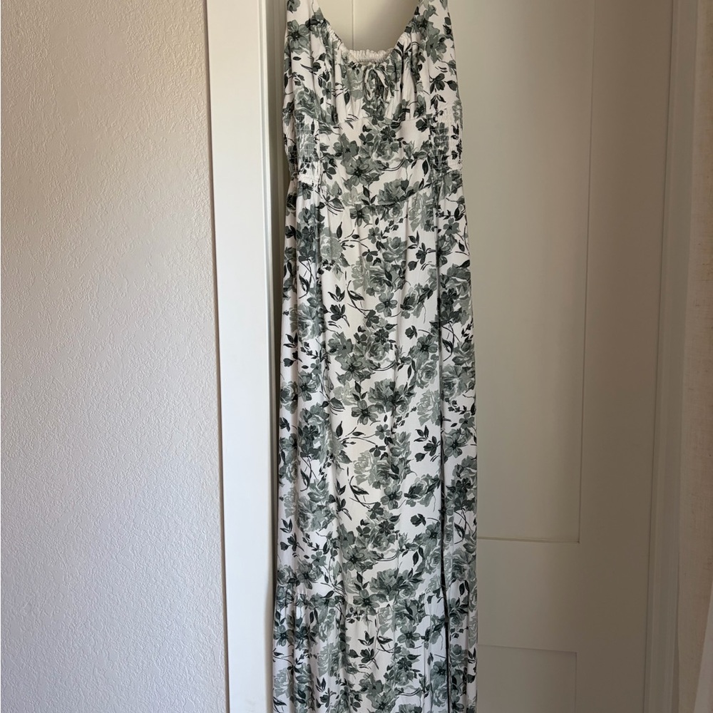 White Maxi Dress with Green Floral Print